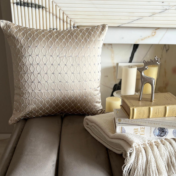 Beige Jacquard Throw Pillow Cover - Crystal Lattice