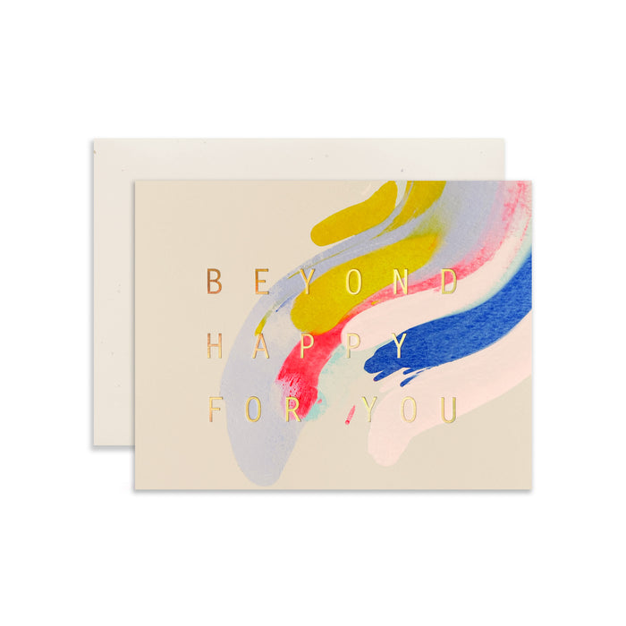 Beyond Happy For You handmade artisanal greeting card with bright colourful paint swirls and an envelope on a white background