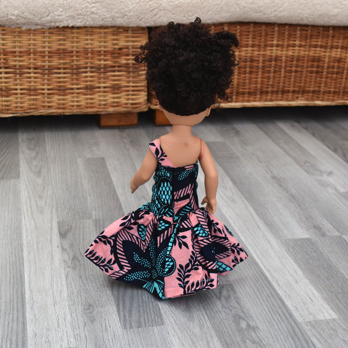 Black Doll in African Print Dress - Black Curly Hair doll - African Doll - Black Baby doll - Mix Race doll