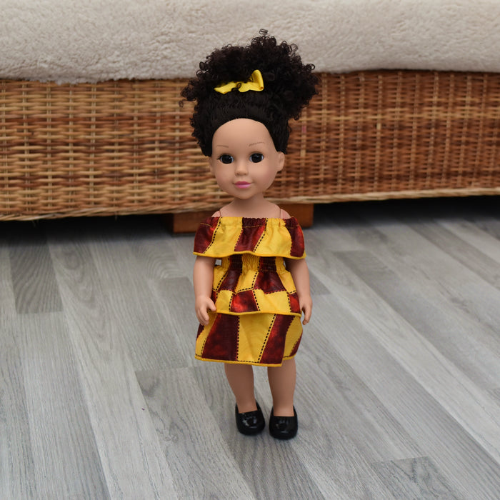 Black Doll in African Print Dress - Black Curly Hair doll - African Doll - Black Baby doll - Mix Race doll