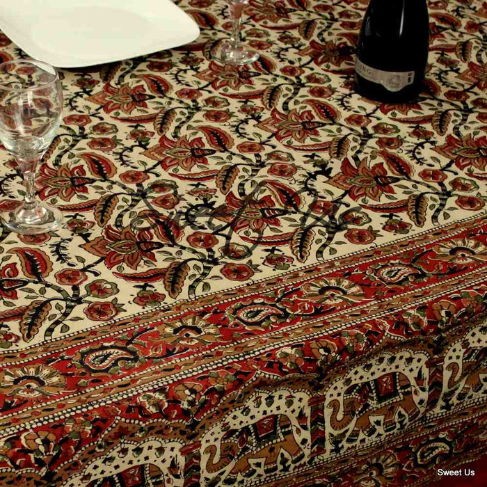 Block Print Floral Paisley Elephant Tablecloth Rectangle 70x102 Beige Gold Red - Sweet Us