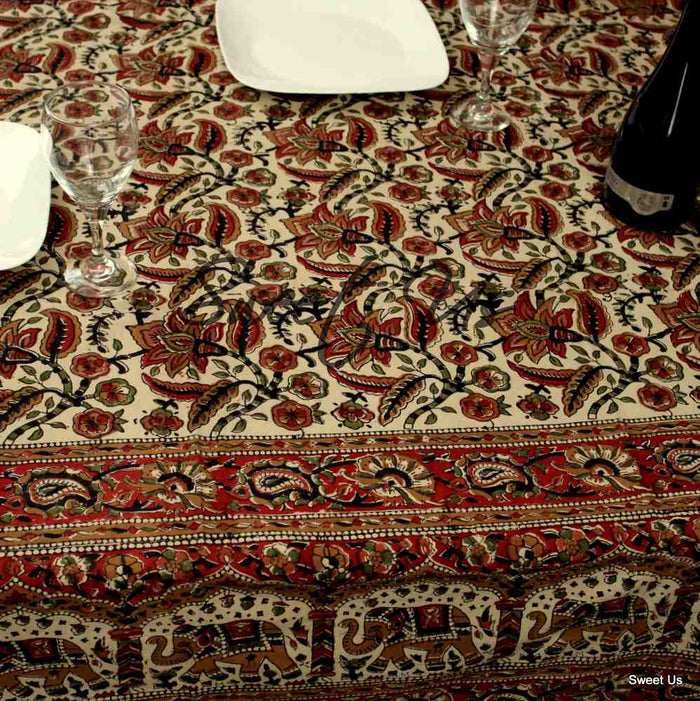 Block Print Floral Paisley Elephant Tablecloth Rectangle 70x102 Beige Gold Red - Sweet Us