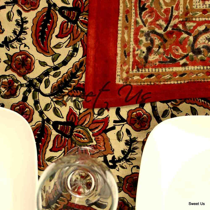 Block Print Floral Paisley Elephant Tablecloth Rectangle 70x102 Beige Gold Red - Sweet Us