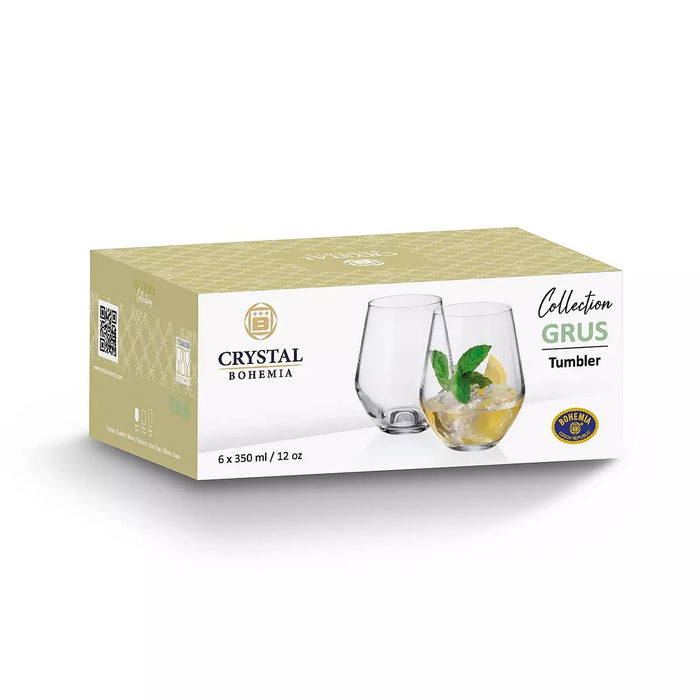 Bohemia Crystal Grus Whiskey Glass Set of 6 – 350 ml Lead-Free Czech Imported European Crystal Tumbler – Dishwasher Safe – Perfect for Sturdy Scotch, Whisky, Bourbon, Liquor, Cognac, Rocks & Cocktails