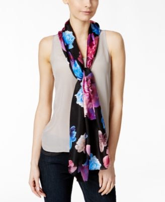 Calvin Klein Contrast Peony Silk Scarf ,Black/Multi - Machann.com