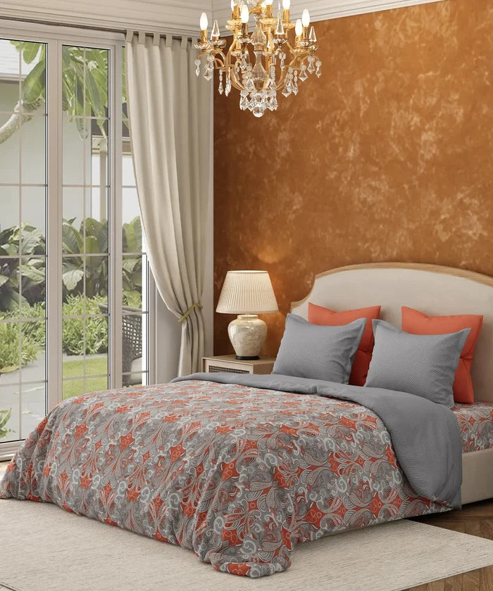 Carnival Gold Paisley King Bedsheet Set, Gulnaar Grey| 144TC Cotton | 2 Pillow Covers