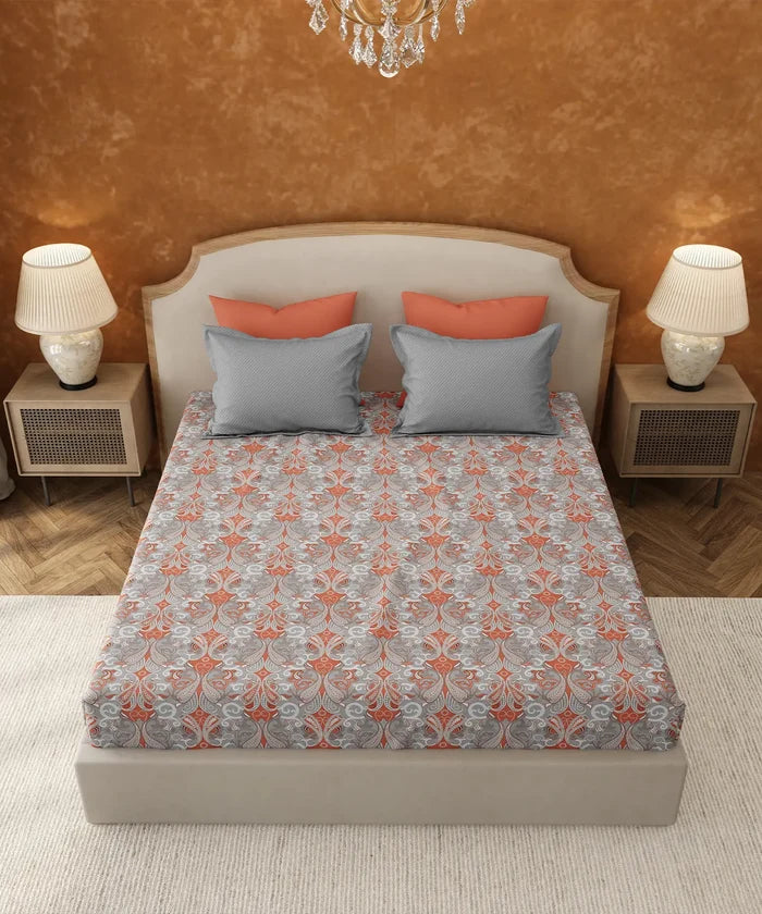 Carnival Gold Paisley King Bedsheet Set, Gulnaar Grey| 144TC Cotton | 2 Pillow Covers