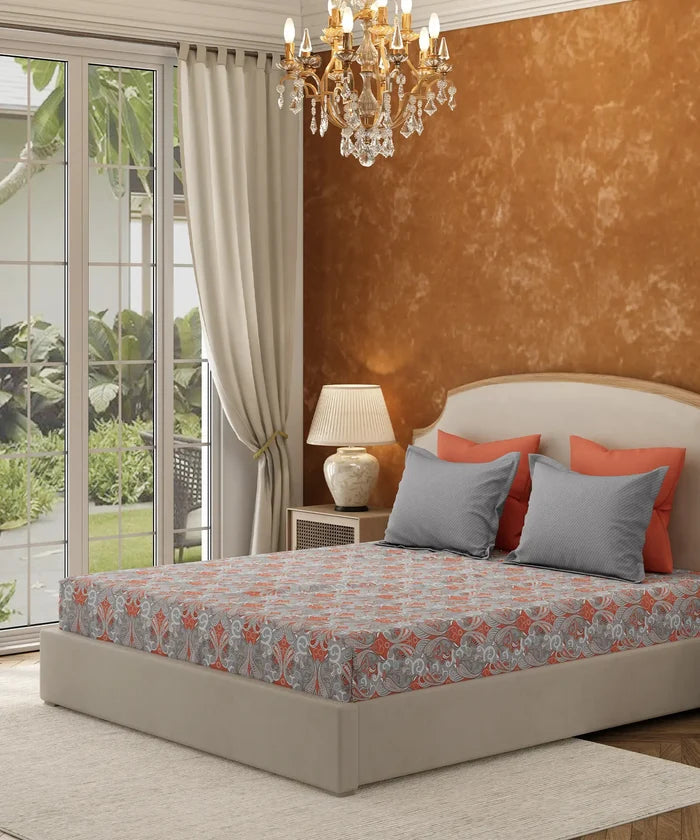 Carnival Gold Paisley King Bedsheet Set, Gulnaar Grey| 144TC Cotton | 2 Pillow Covers