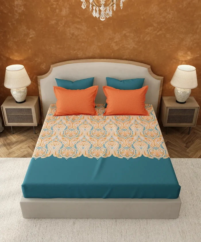 Carnival Gold Paisley King Bedsheet Set, Sitara Green| 144TC Cotton | 2 Pillow Covers