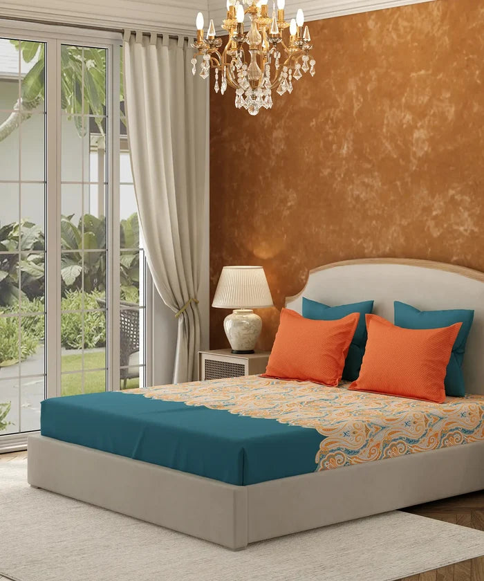 Carnival Gold Paisley King Bedsheet Set, Sitara Green| 144TC Cotton | 2 Pillow Covers
