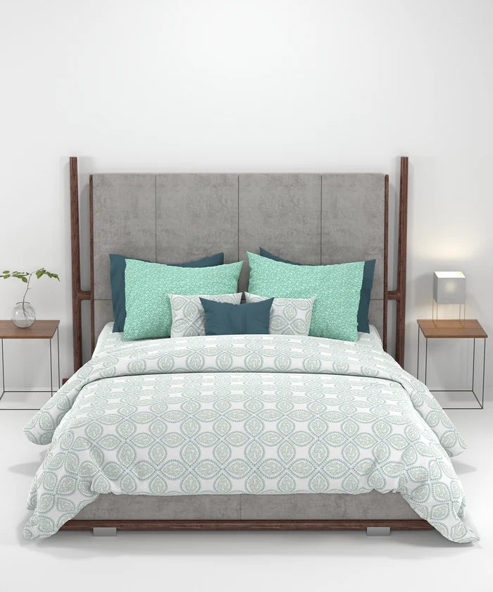 Carnival Ornate Queen Bedsheet, Chaithra Ice Green |144 TC Cotton| 2 Pillow Covers