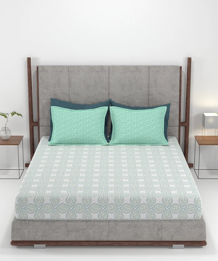 Carnival Ornate Queen Bedsheet, Chaithra Ice Green |144 TC Cotton| 2 Pillow Covers