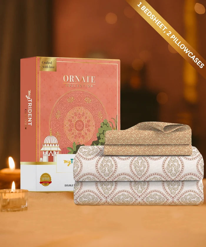 Carnival Ornate Queen Bedsheet, Chaithra Orange |144 TC Cotton| 2 Pillow Covers