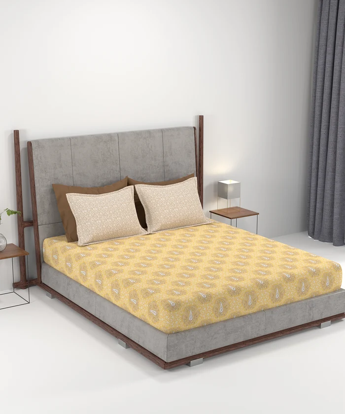 Carnival Ornate Queen Bedsheet, Heer Yellow|144 TC Cotton| 2 Pillow Covers