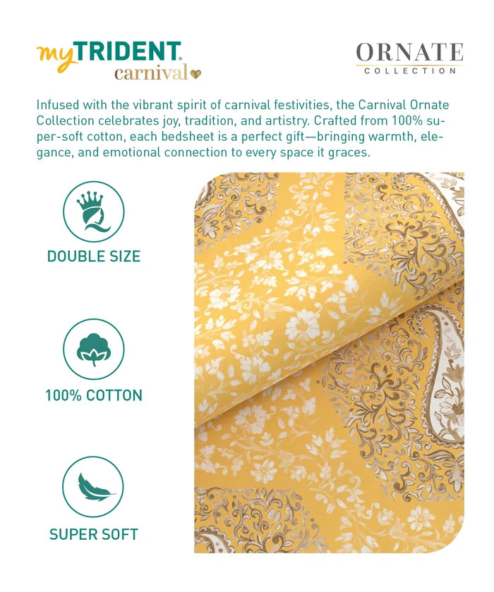 Carnival Ornate Queen Bedsheet, Heer Yellow|144 TC Cotton| 2 Pillow Covers