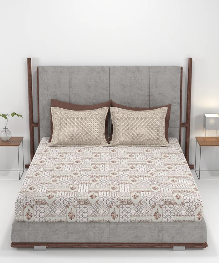Carnival Ornate Queen Bedsheet, Meera Brown |144 TC Cotton| 2 Pillow Covers