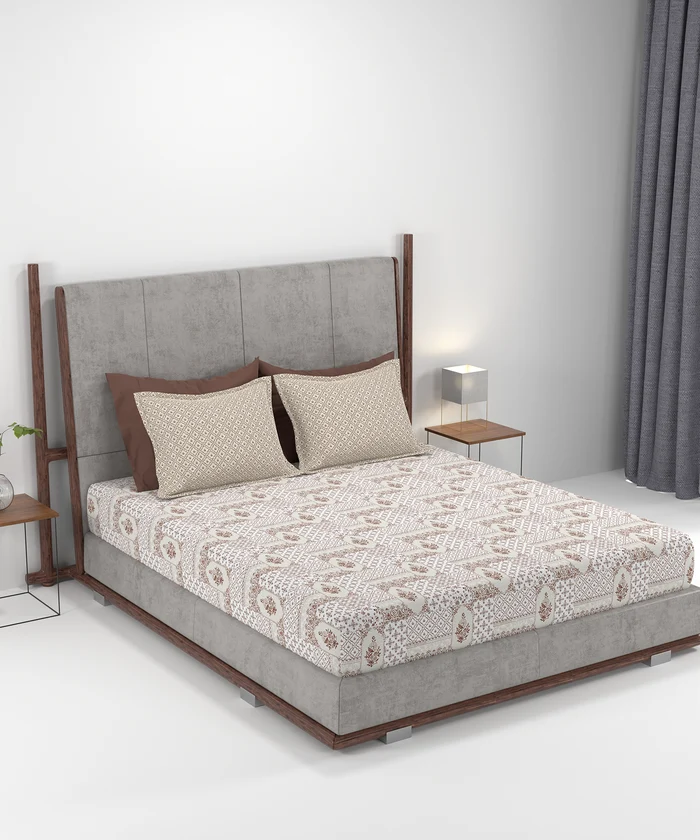 Carnival Ornate Queen Bedsheet, Meera Brown |144 TC Cotton| 2 Pillow Covers