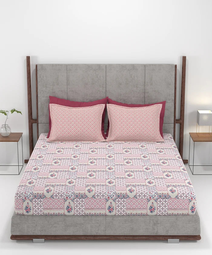 Carnival Ornate Queen Bedsheet, Meera Pink|144 TC Cotton| 2 Pillow Covers