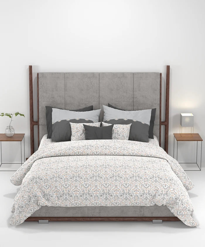 Carnival Ornate Queen Bedsheet, Mehendi Grey |144 TC Cotton| 2 Pillow Covers