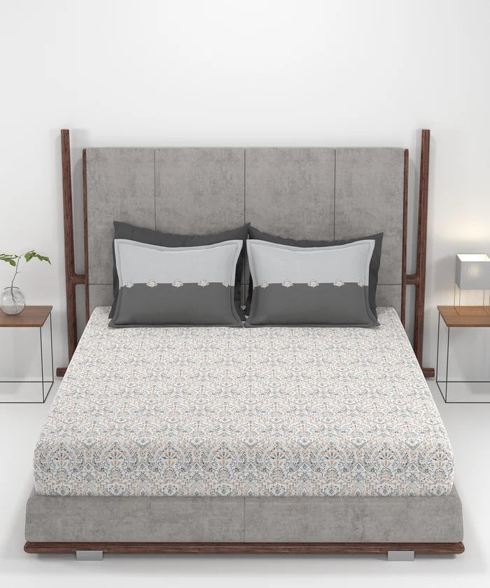 Carnival Ornate Queen Bedsheet, Mehendi Grey |144 TC Cotton| 2 Pillow Covers