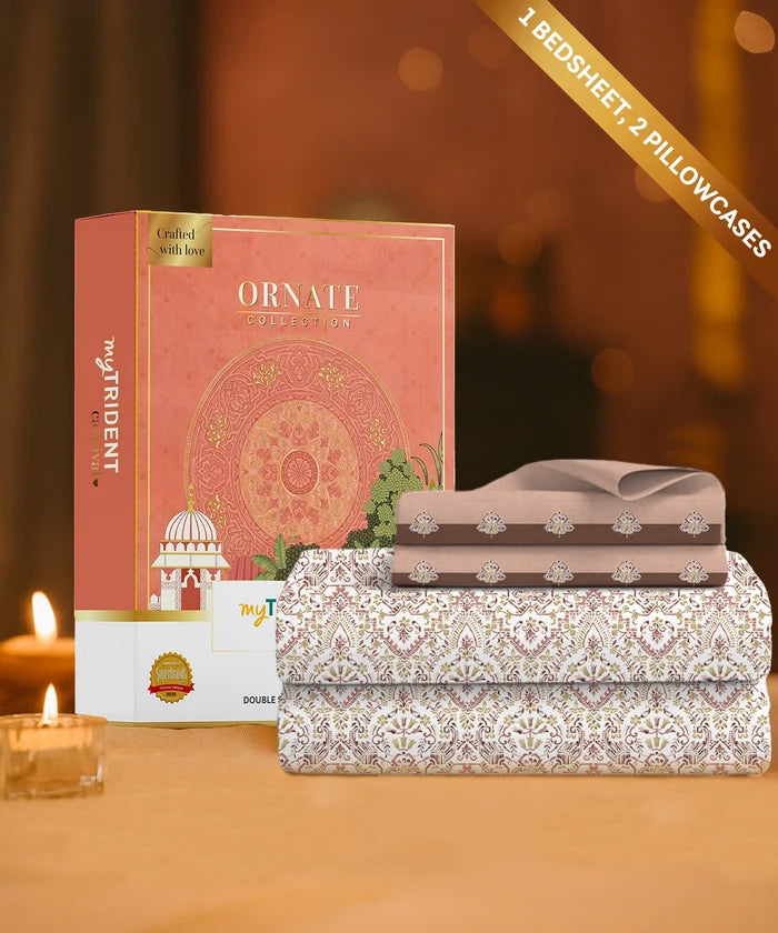 Carnival Ornate Queen Bedsheet, Mehendi Rust |144 TC Cotton| 2 Pillow Covers