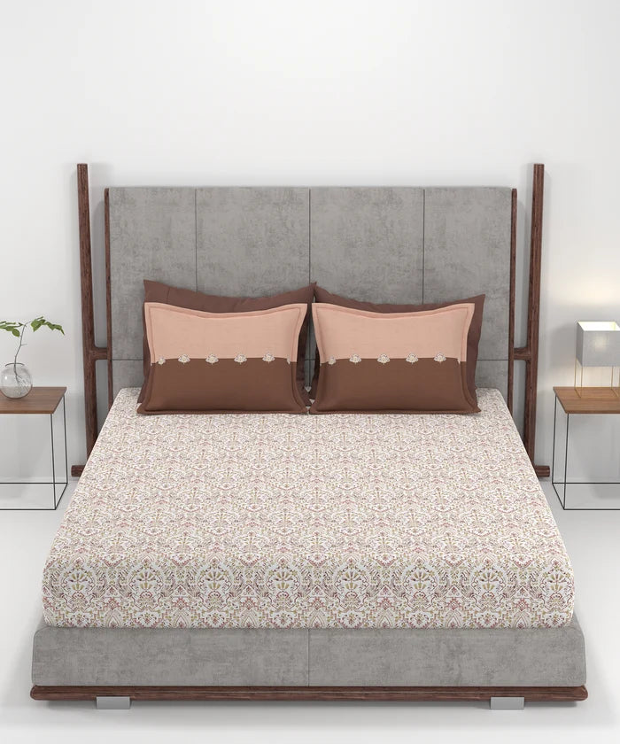 Carnival Ornate Queen Bedsheet, Mehendi Rust |144 TC Cotton| 2 Pillow Covers