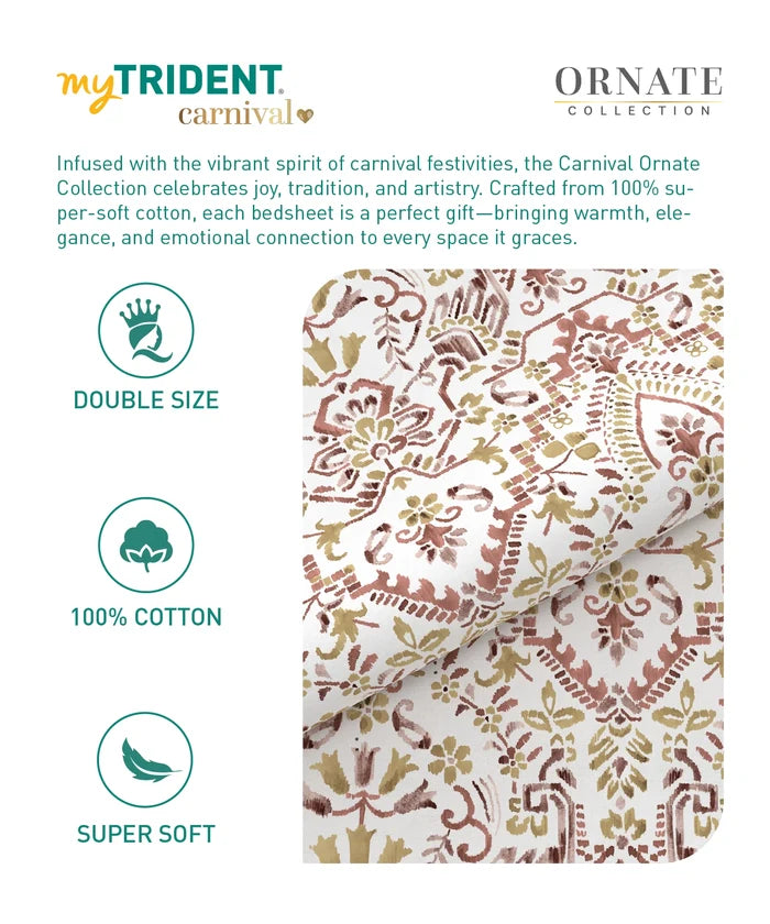 Carnival Ornate Queen Bedsheet, Mehendi Rust |144 TC Cotton| 2 Pillow Covers