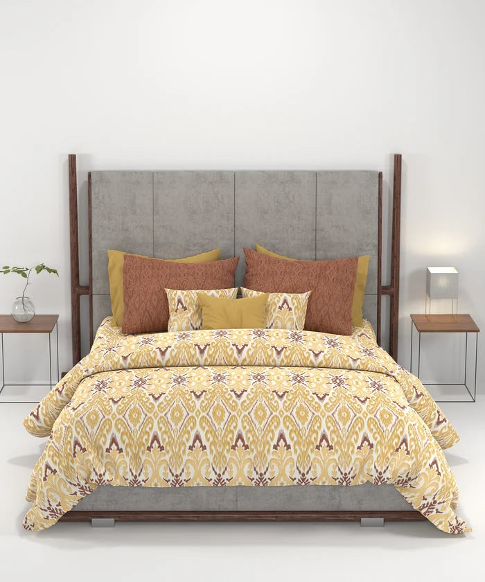 Carnival Ornate Queen Bedsheet, Saaj Mustard |144 TC Cotton| 2 Pillow Covers