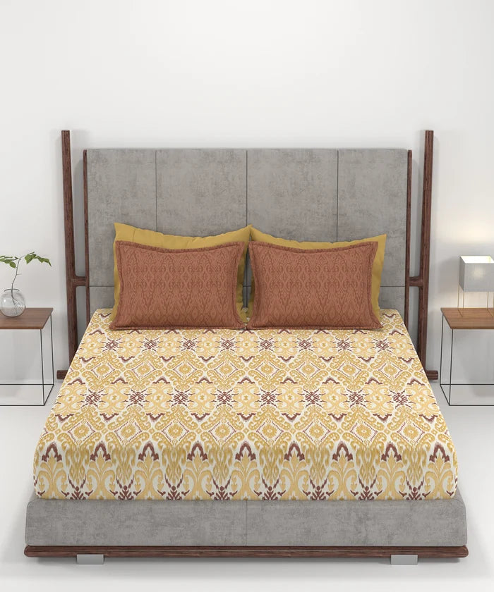 Carnival Ornate Queen Bedsheet, Saaj Mustard |144 TC Cotton| 2 Pillow Covers