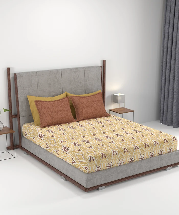Carnival Ornate Queen Bedsheet, Saaj Mustard |144 TC Cotton| 2 Pillow Covers