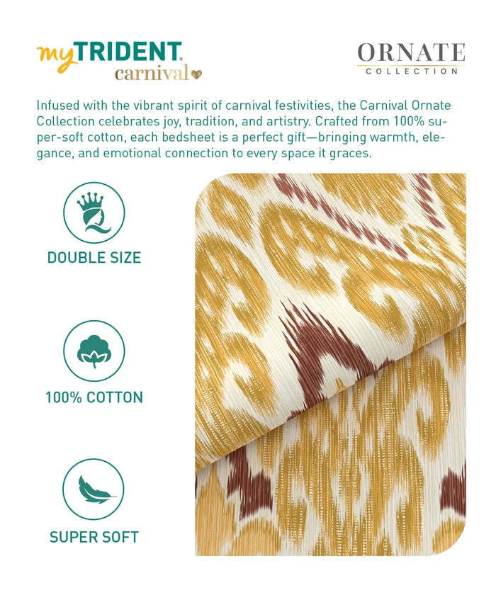 Carnival Ornate Queen Bedsheet, Saaj Mustard |144 TC Cotton| 2 Pillow Covers