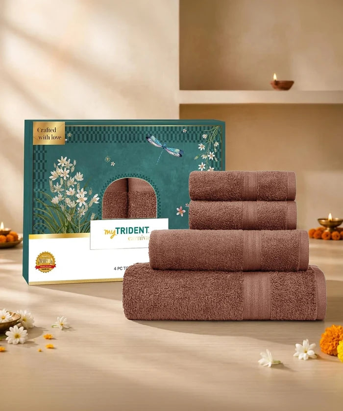 Carnival Towels 4Pc Set, Brown| 450 GSM, 100% Cotton