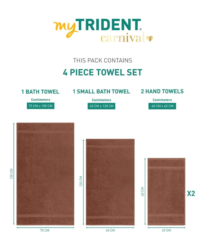Carnival Towels 4Pc Set, Brown| 450 GSM, 100% Cotton