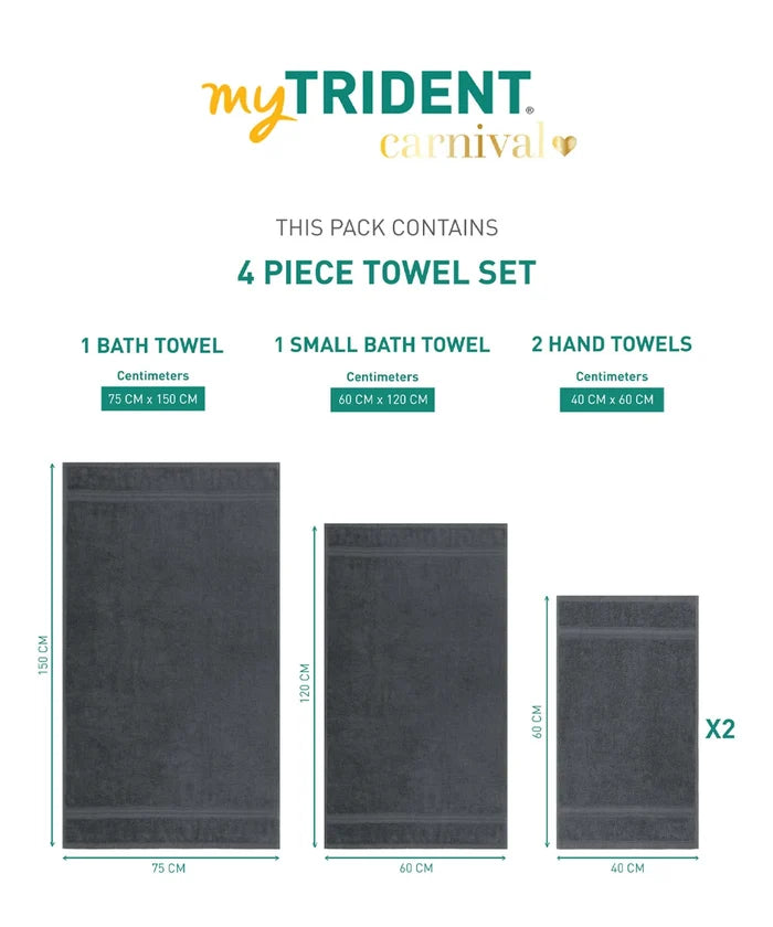 Carnival Towels 4Pc Set, Pebble Grey| 450 GSM, 100% Cotton