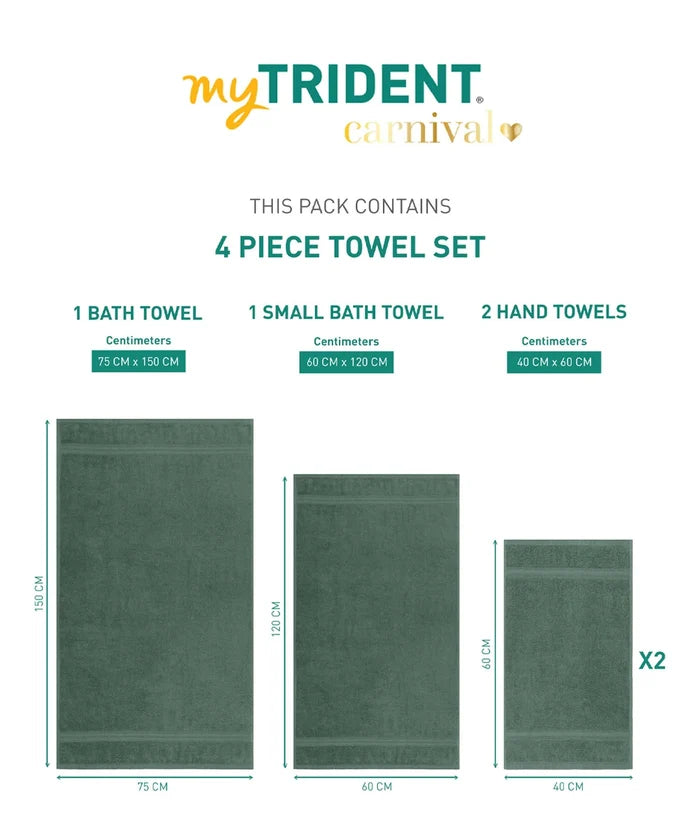 Carnival Towels 4Pc Set, Pine Green| 450 GSM, 100% Cotton
