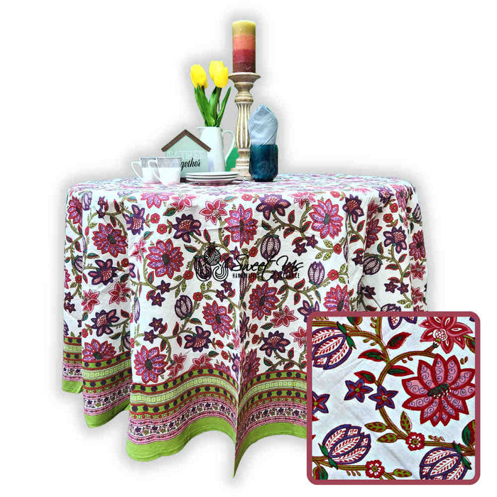 Cotton Floral Tablecloth Round White Pink Red Kitchen Dining Linen - Sweet Us