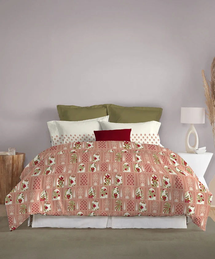 Celebration Queen Bedsheet Set, Aangan Coral| 144 TC Cotton| 2 Pillow Covers