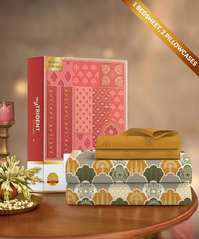 Celebration Queen Bedsheet Set, Mehfil Mustard | 144 TC Cotton| 2 Pillow Covers