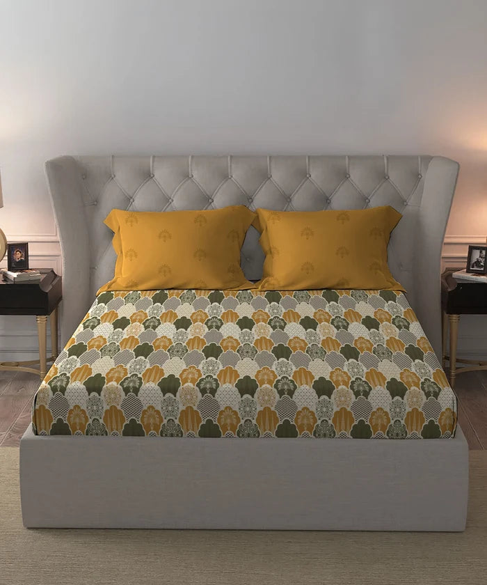 Celebration Queen Bedsheet Set, Mehfil Mustard | 144 TC Cotton| 2 Pillow Covers