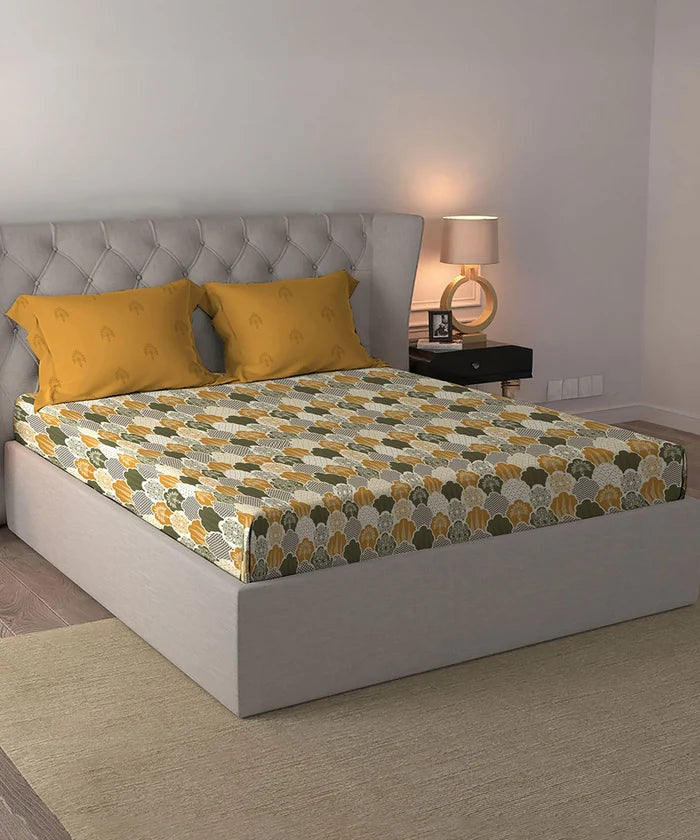 Celebration Queen Bedsheet Set, Mehfil Mustard | 144 TC Cotton| 2 Pillow Covers