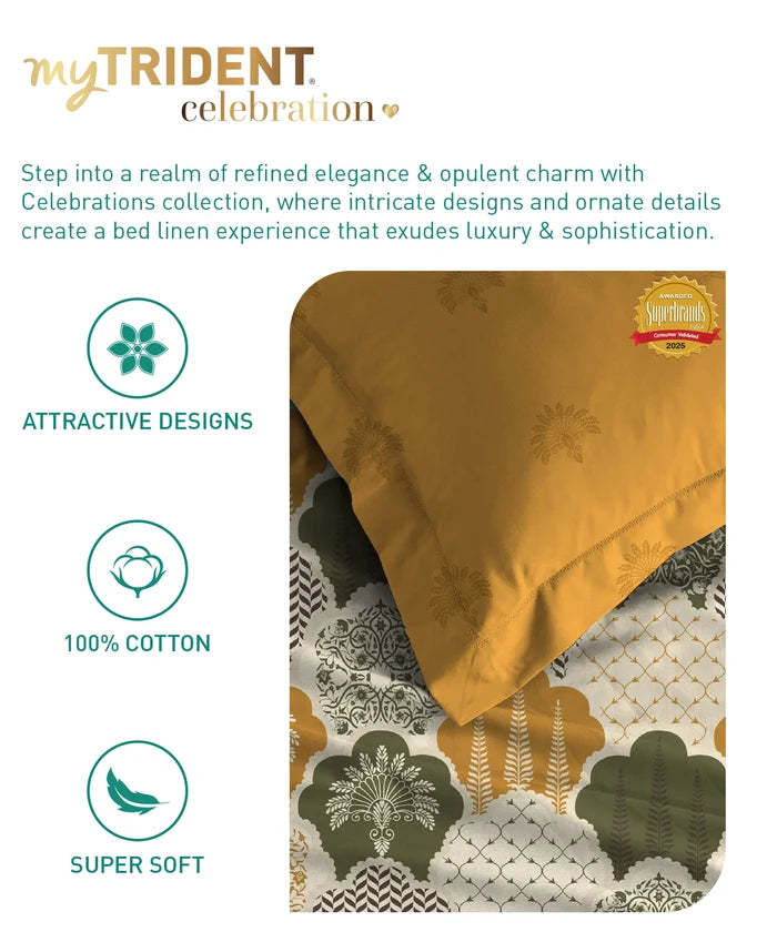 Celebration Queen Bedsheet Set, Mehfil Mustard | 144 TC Cotton| 2 Pillow Covers