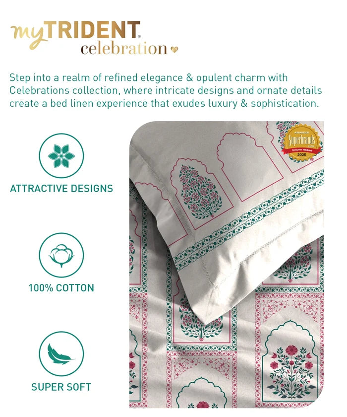 Celebration Queen Bedsheet Set, Mehira Pink | 144 TC Cotton| 2 Pillow Covers