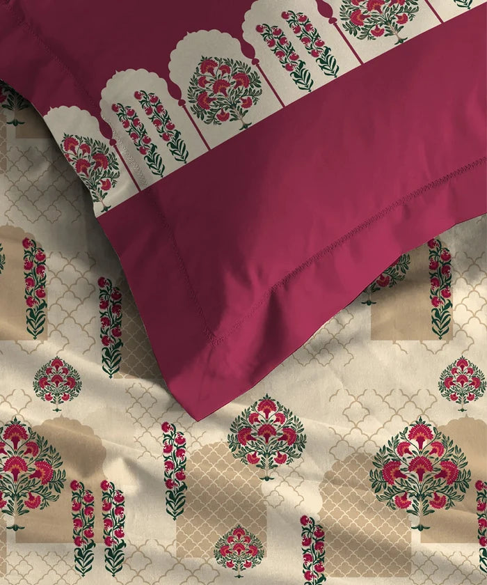 Celebration Queen Bedsheet Set, Ruhani Majenta | 144 TC Cotton| 2 Pillow Covers