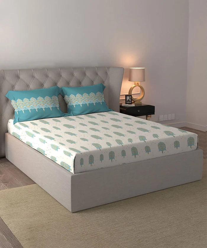 Celebration Queen Bedsheet Set, Saanjh Teal | 144 TC Cotton| 2 Pillow Covers