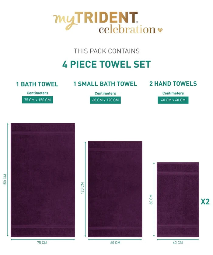 Celebration Towels 4Pc Set, Aubergine|450GSM, 100% Cotton