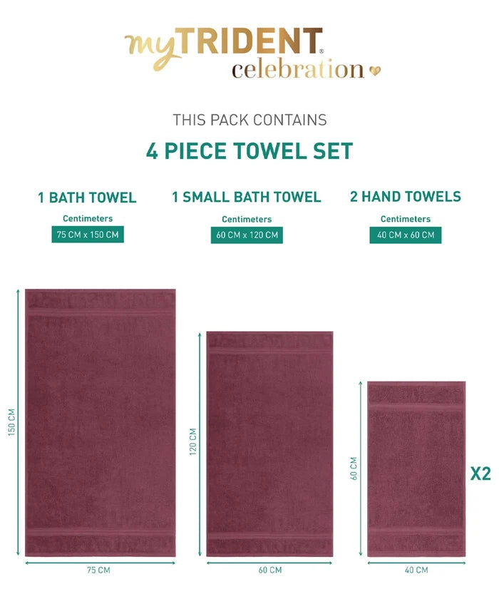 Celebration Towels 4Pc Set, Rouge|450GSM, 100% Cotton