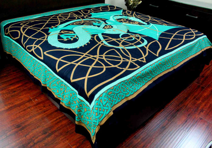 Handmade Cotton Celtic Dragon Tapestry Tablecloth Bedspread Twin Full Green - Sweet Us