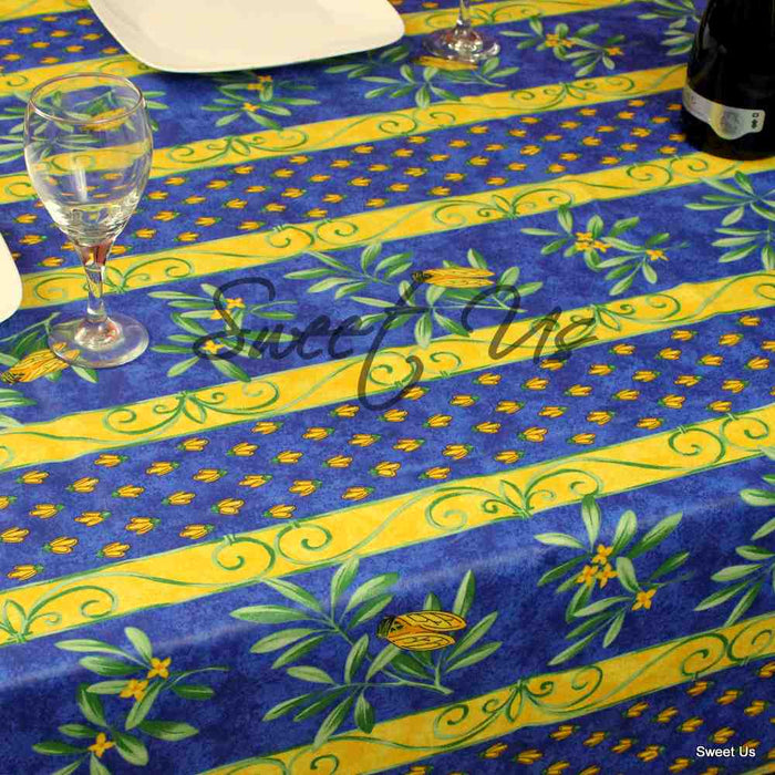 Wipeable Tablecloth Rectangle Spillproof French Acrylic Coated Blue Bees - Sweet Us