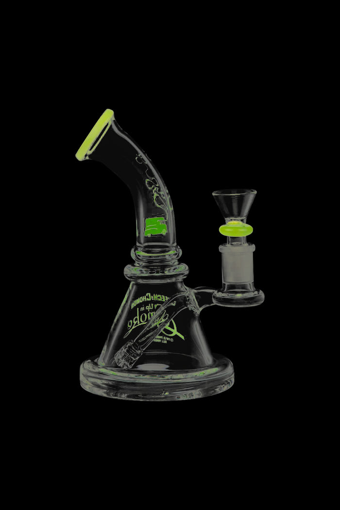 Front view of the Cheech & Chong Strawberry Mini Beaker Bong, showcasing its rounded base and clear glass construction.