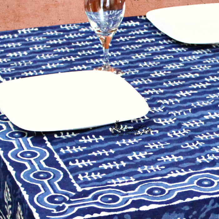 Chiara Petals Cotton Hand Block Print Tablecloth Rectangle, Indigo Blue - Sweet Us